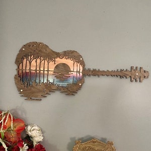 Music Lover Gift, Acoustic Guitar, Music Room Decor, Wood Decor, Guitarist Gift, Rustic Wall Art, Guitar Art, Abstract Sunset, Gift For Him Wood/ Metal Acoustic