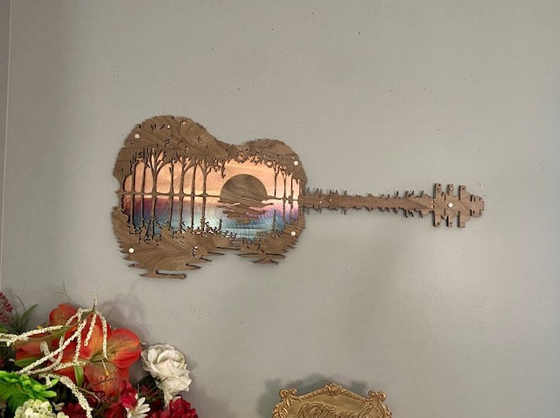 Music Lover Gift, Acoustic Guitar, Music Room Decor, Wood Decor, Guitarist Gift, Rustic Wall Art, Guitar Art, Abstract Sunset, Gift For Him Wood/ Metal Acoustic