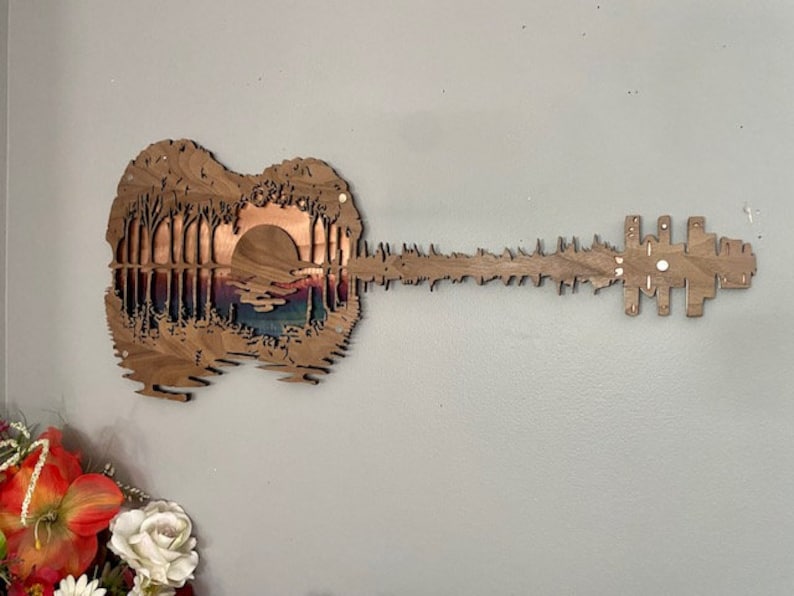 Music Lover Gift, Acoustic Guitar, Music Room Decor, Wood Decor, Guitarist Gift, Rustic Wall Art, Guitar Art, Abstract Sunset, Gift For Him image 6