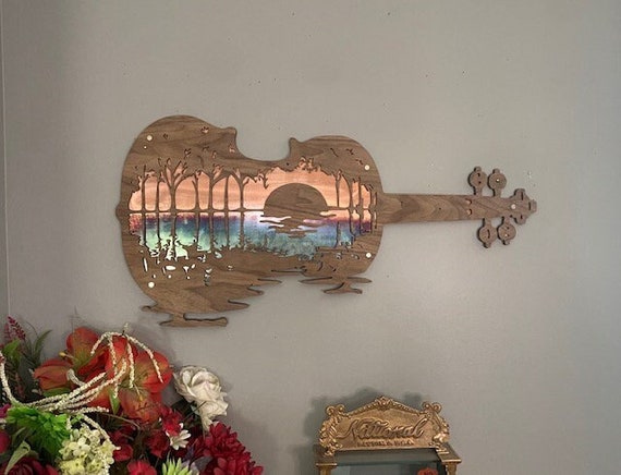 Violin Wall Decor, Music Lover Gift, Wood Decor, Guitarist Gift, Rustic Wall Art, Music Wall Art, Violinist Art, Violin Sign, Sunset Guitar
