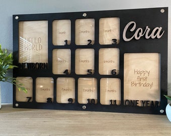 Hello World Plaque, Baby First Year Picture Frame, Personalized Baby Photo Frame, Photo Collage, Personalized Photo Frame, Monthly Milestone