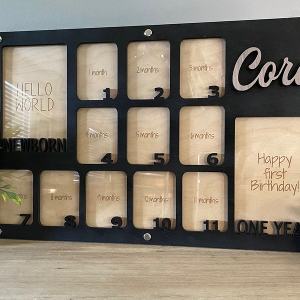 Hello World Plaque, Baby First Year Picture Frame, Personalized Baby Photo Frame, Photo Collage, Personalized Photo Frame, Monthly Milestone