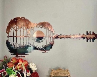 Arte de pared para parejas, regalo para amantes de la música, arte de guitarra de metal, arte de pared de metal, decoración de pared de guitarra, regalo de guitarra, arte abstracto, arte de palmeras, arte de amor