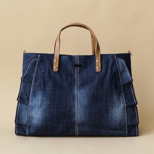 Denim Handbag, Double Sided Ruffle Denim jean tote bag, Canvas Tote for Women (New version - Larger size)