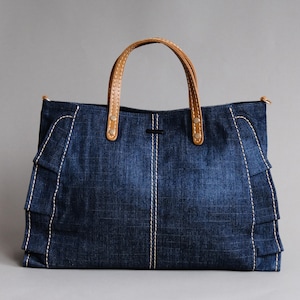 Denim Ruffle Handbag with Leather Handle, Denim Tote Bag, Jean Crossbody Purse, Casual Daily Bag for Women (Deep Blue)