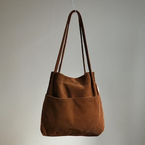 Sac fourre-tout en velours côtelé doux à double poche (marron foncé), sac à bandoulière pour femme, cadeau de rentrée, sac pour étudiant, fourre-tout pour livres de tous les jours
