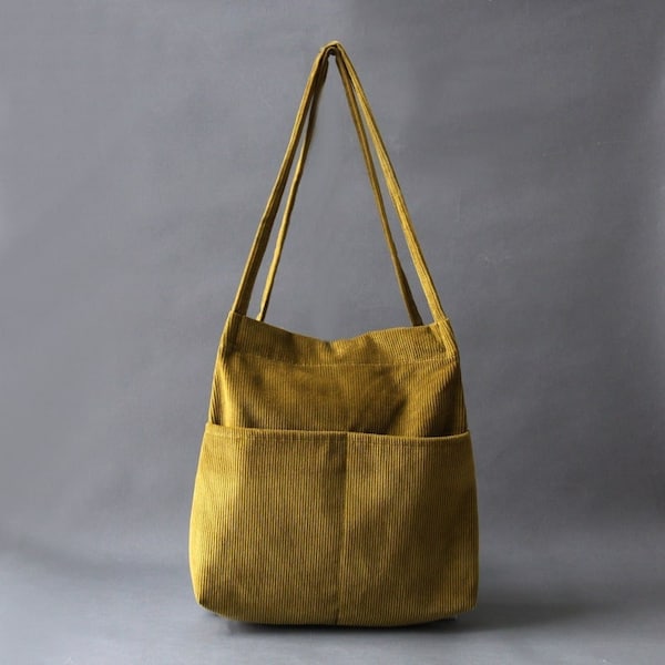 Double Pocket Soft Corduroy Tote Bag (Olive), Women Tote Bag, Corduroy Bag, Back to school gift , Bokzim