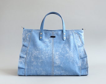 Denim Handbag, Double Sided Ruffle Denim jean tote bag, Canvas Tote for Women (Sky Blue)