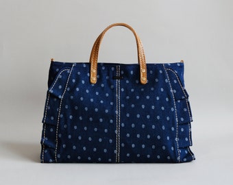 Denim Ruffle Handbag, Denim Shoulder Bag, Jean Crossbody Purse, Canvas Tote for Women (Blue Dot)