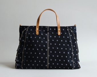 Denim Handbag, Double Sided Ruffle Denim jean tote bag, Canvas Tote for Women (Black Dot)