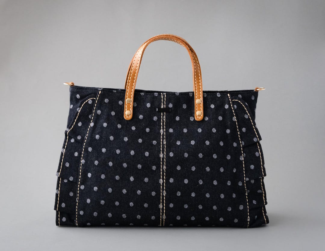 Denim Ruffle Handbag With Leather Handle, Denim Tote Bag, Jean ...