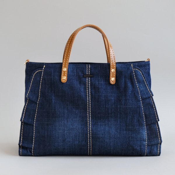 Denim Handbag, Double Sided Ruffle Denim jean tote bag, Canvas Tote for Women (Deep Blue)