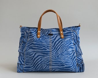 Denim Handbag, Double Sided Ruffle Denim jean tote bag, Canvas Tote for Women (Zebra)