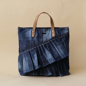 Denim Handbag, Ruffle Denim jean tote bag, Canvas Tote Bag for Women, Bokzim