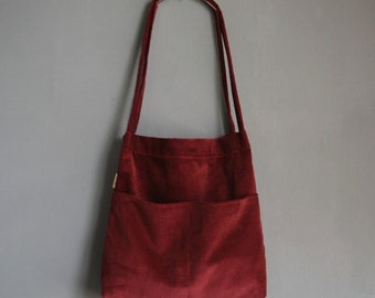 Double Pocket Soft Corduroy Tote Bag (Burgundy), Women Tote Bag, Corduroy Bag, Back to school gift, Bokzim