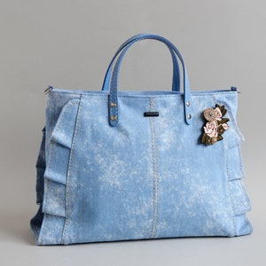 Torebka z falbanką z denimu i skórzanym uchwytem, torebka typu tote z denimu, torebka typu crossbody z jeansu, codzienna torebka damska (niebieska)
