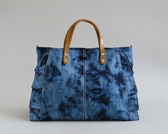 Denim Handbag, Double Sided Ruffle Denim jean tote bag, Canvas Tote for Women (Grand Bleu)