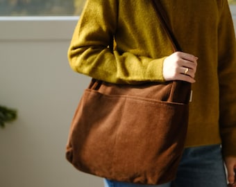 Zachte corduroy draagtas met dubbele zak (donkerbruin), damesschoudertas, terug naar school cadeau, studenttas, draagtas voor dagelijks boeken