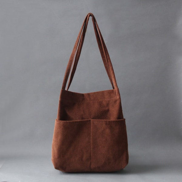 Double Pocket Soft Corduroy Tote Bag (Dark Brown), Women Tote Bag, Corduroy Bag, Back to school gift, Bokzim
