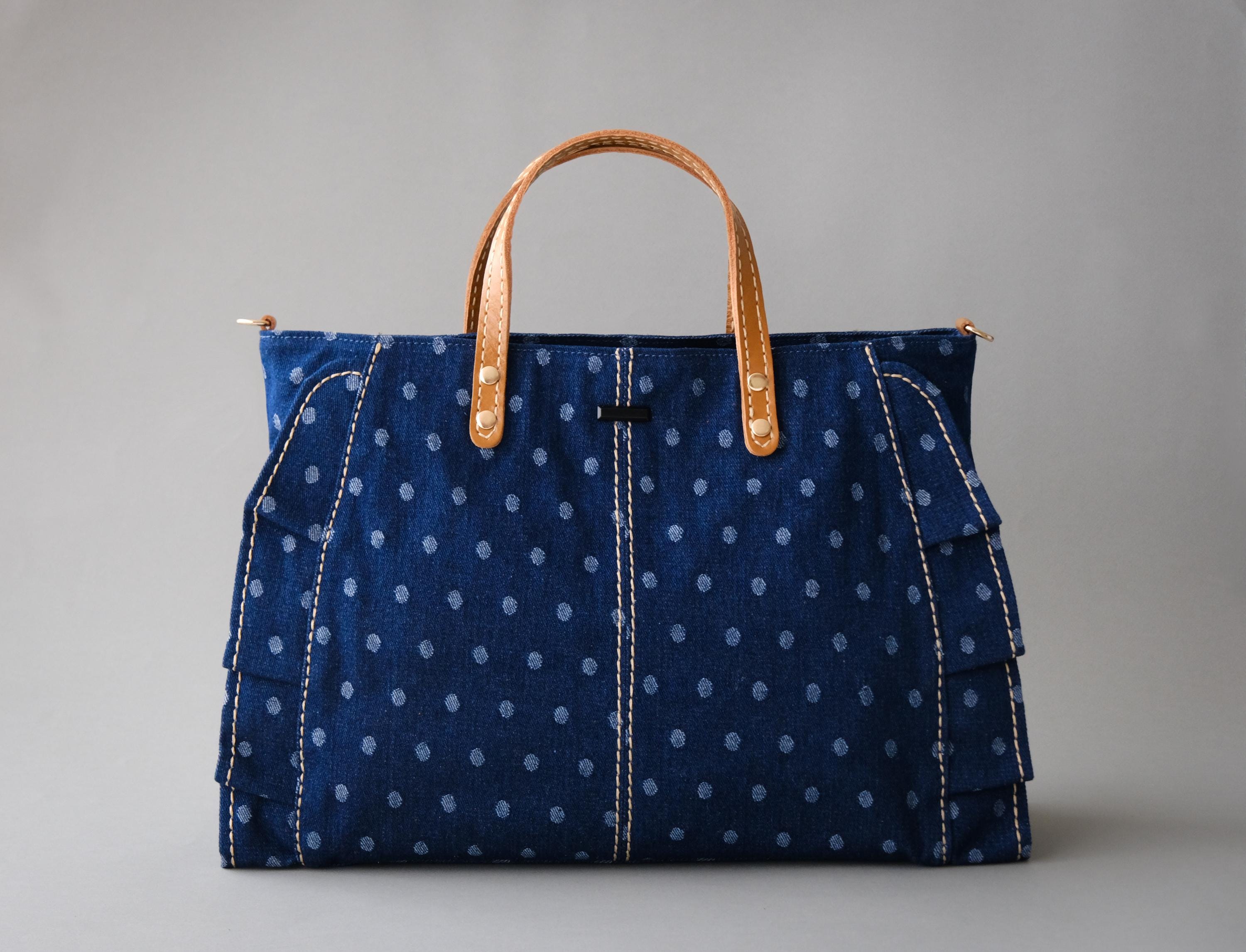 Denim Ruffle Handbag with Leather Handle, Denim Tote Bag, Jean Crossbody Purse, Casual Daily Bag for Women (Blue Dot)