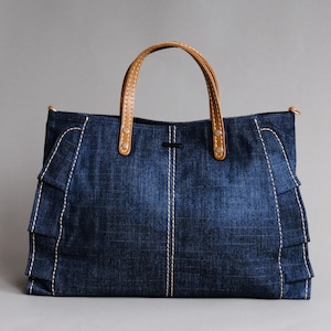 Bolso de tela vaquera con volante y asa de cuero, bolso tote vaquero, bolso bandolera vaquero, bolso informal de diario para mujer (azul oscuro)