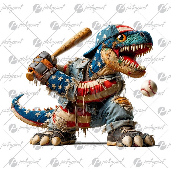 Colors USA flag, Dinosaur playing baseball, Gift for boys, Angry patchwork reptile, Sport and dino, Patriotic cartoon animal PNG
