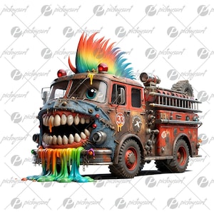 May include: A rusty red fire engine with a rainbow mohawk, a toothy grin, and dripping rainbow paint. The engine has the number 33 on the side and a ladder on the back.
