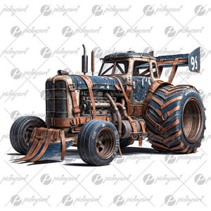 May include: A blue and brown modified tractor with a large rear tyre, a smaller front tyre, and a blue denim-like covering. The tractor has a number "95" on the side.