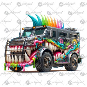 May include: A black armored truck with a colorful, cartoonish, monster-like design. The truck has a large, toothy mouth with dripping paint, rainbow-colored spikes, and graffiti on the side. The truck is on a white background.