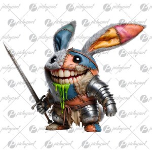 Cartoon knight hare with sword, Funny illustration, Cute smiling rabbit warrior, Magic little bunny in PNG