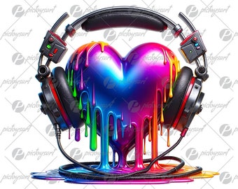 Heart in headphones, Valentine&#39;s Day, Celebration of love, Digital illustration, Holiday music gift PNG