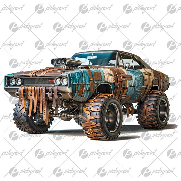 Brutal car punk, Sportcar monster, Jeans and belts, Gift for boys, Offroad and crazy speed, Patchwork extreme vehicle in PNG