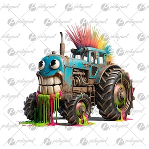 Monstruo de granja de dibujos animados, Tractor punk loco, Bestia mecánica sonriente, Tractor divertido, Vehículo monstruo sonriente, Transporte genial, Vehículo lindo PNG