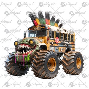 Crazy school bus, Offroad beast, Back to school, Funny bus, Smiling monster bus, Cool transport, Big wheels PNG