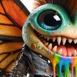 May include: A colorful creature with a large eye, a toothy grin, and a rainbow paint dripping from its mouth. The creature is wearing a leather jacket with studs and has butterfly wings.