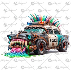 May include: A black and white police car with a monster mouth and dripping slime. The car has a mohawk of colourful spikes and the words "POLICE" on the side.