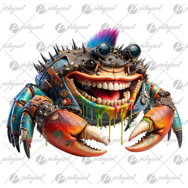 Funny crab punk, Crazy crab, Smiling crab, Cool digital art, Little sea animals printable PNG