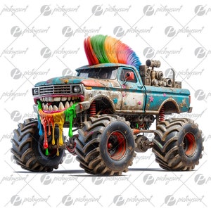 Cartoon pickup truck, Crazy offroad beast, Funny punk SUV, Gift for boys, Smiling monster car, Big wheels PNG