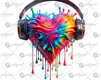 Splash paint heart, Heart in headphones, Valentine&#39;s Day, Celebration of love, Digital illustration, Holiday music gift PNG
