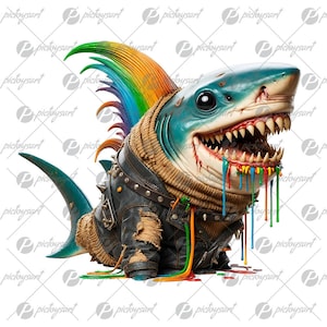 Shark punk, Funny smiling shark, Fishing gifts, Gift for children, Cute cartoon fish, Cool sea animals in PNG