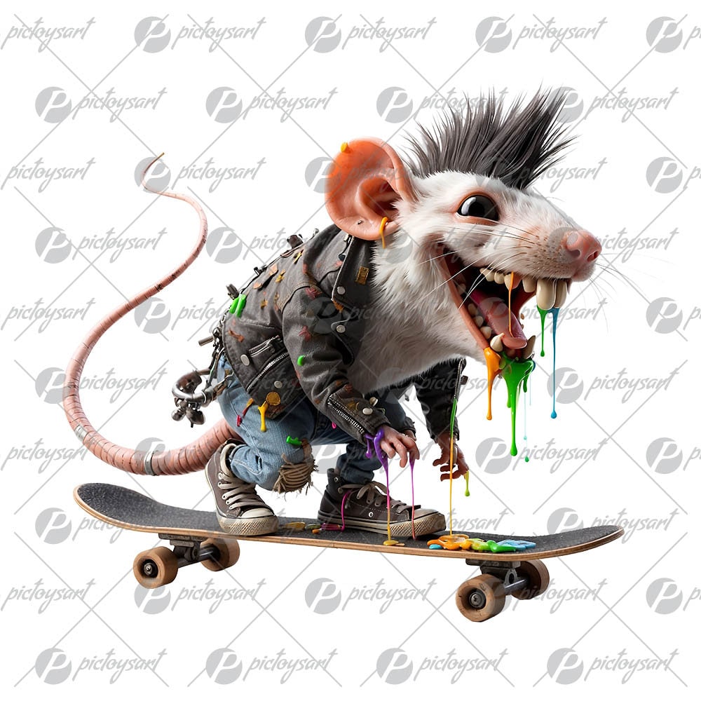 Punk Rat on Skateboard, Funny Smiling Rodent, Sweet Pets, Urban