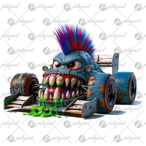 Superdeportivo punk loco, monstruo deportivo, arte de deportes de motor, coche de carreras y velocidad loca, vehículo genial de dibujos animados en PNG