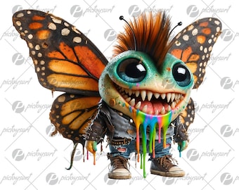 Cartoon smiling butterfly, Butterfly crazy punk, Wild wings, Cute sublimation design, Funny child gift, Cool insects in PNG