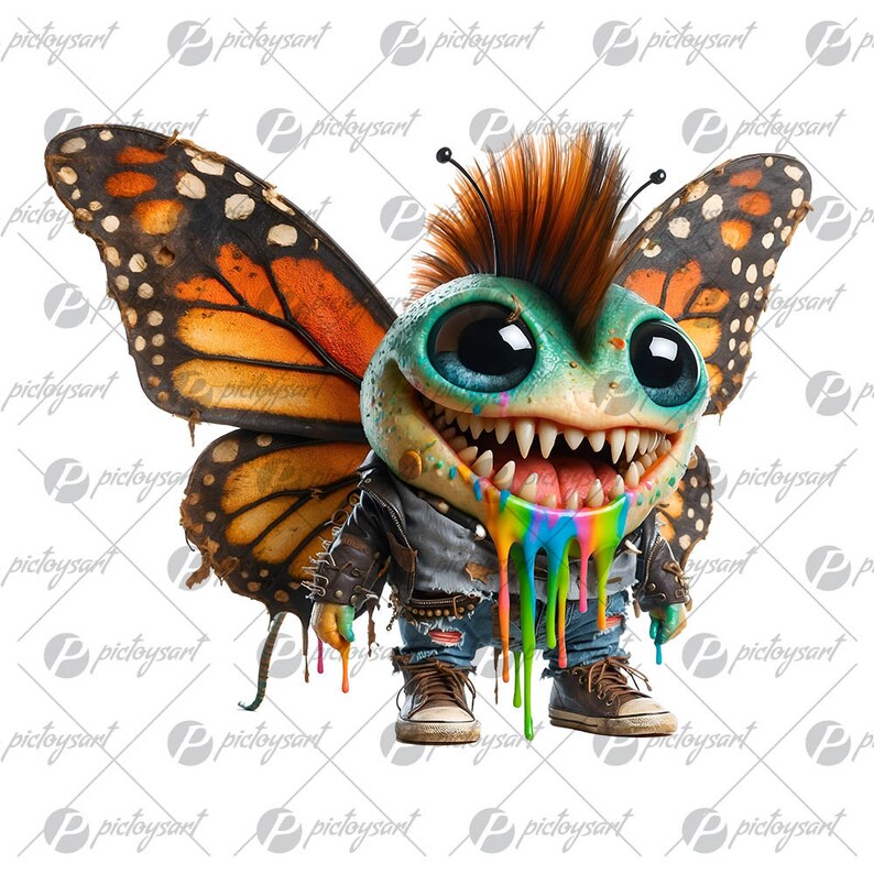 May include: A cartoon character with a green face, large eyes, and a toothy grin. The character is wearing a black leather jacket, blue jeans, and sneakers. The character has a butterfly wing on its back and is covered in colorful paint drips.