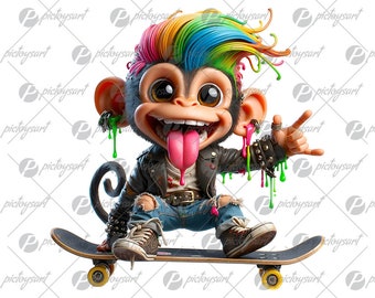 Cute monkey punk, Monkey on skateboard, Cool urban jungle animals, Funny smiling monkey, Little animals in PNG