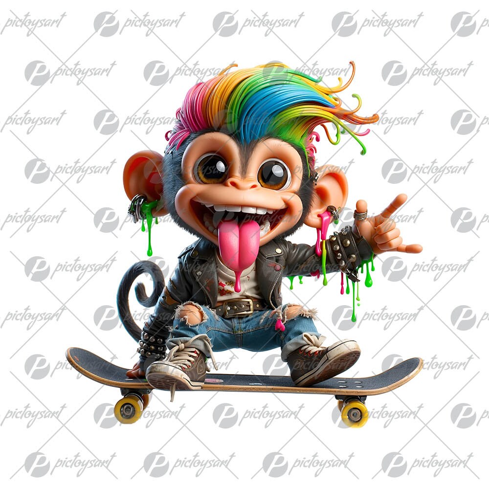 Cute monkey punk, Monkey on skateboard, Cool urban jungle animals, Funny smiling monkey, Little animals in PNG