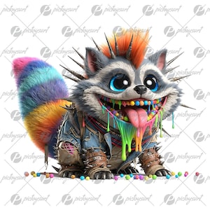 May include: A cartoon raccoon with a mohawk, wearing a denim jacket and studded leather armor, with a rainbow-colored tongue and dripping paint. The raccoon is surrounded by colorful candy.