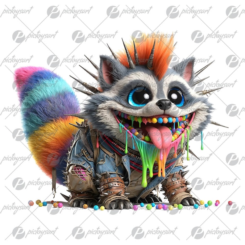 May include: A cartoon raccoon with a mohawk, wearing a denim jacket and studded leather armor, with a rainbow-colored tongue and dripping paint. The raccoon is surrounded by colorful candy.