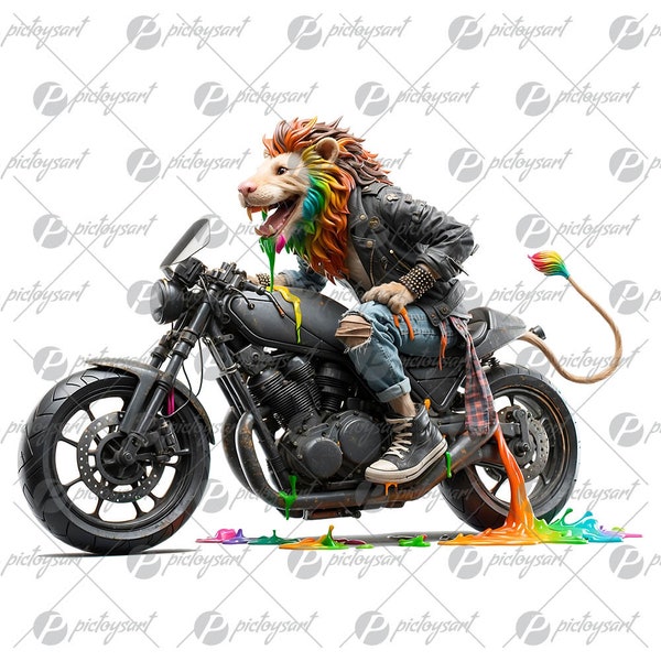 Lion on motorcycle, King of urban jungle and bike, Road king, Big cat motorcyclist, Moto racing and speed, Biker animals PNG