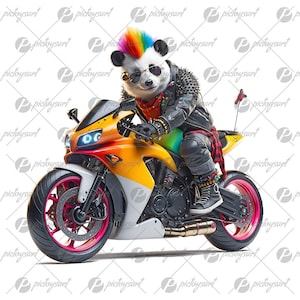May include: A digitally created image of a panda riding a motorcycle. The panda is wearing a black leather jacket with silver studs, sunglasses, and a rainbow-colored mohawk. The motorcycle is yellow, orange, and white with pink accents on the wheels.